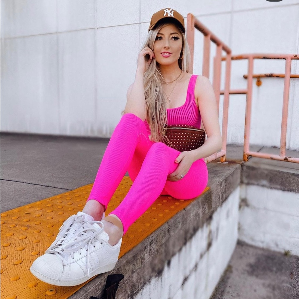 Fabletics SET Legging & Bra Neon Pink Ribbed SM